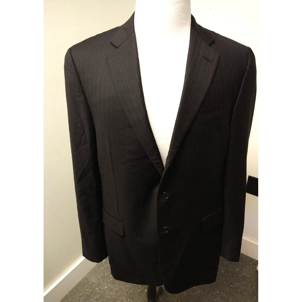 Hickey Freeman Mens Black Pinstripe Worsted Wool Sport Coat Blazer 42L Jacket
